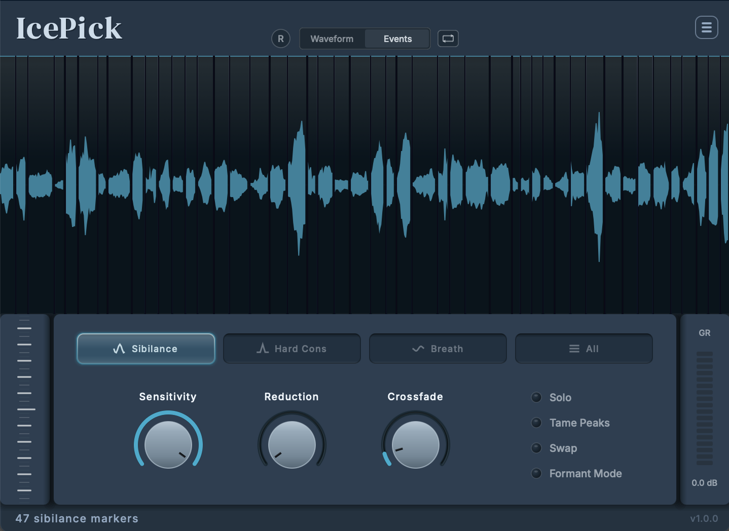 IcePick Events View showing detected sibilance events side by side
