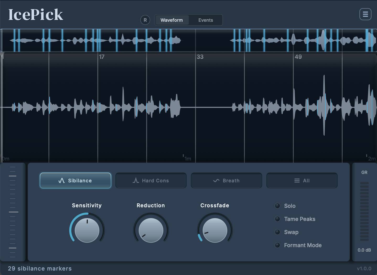 IcePick plugin interface showing waveform with detected sibilant events